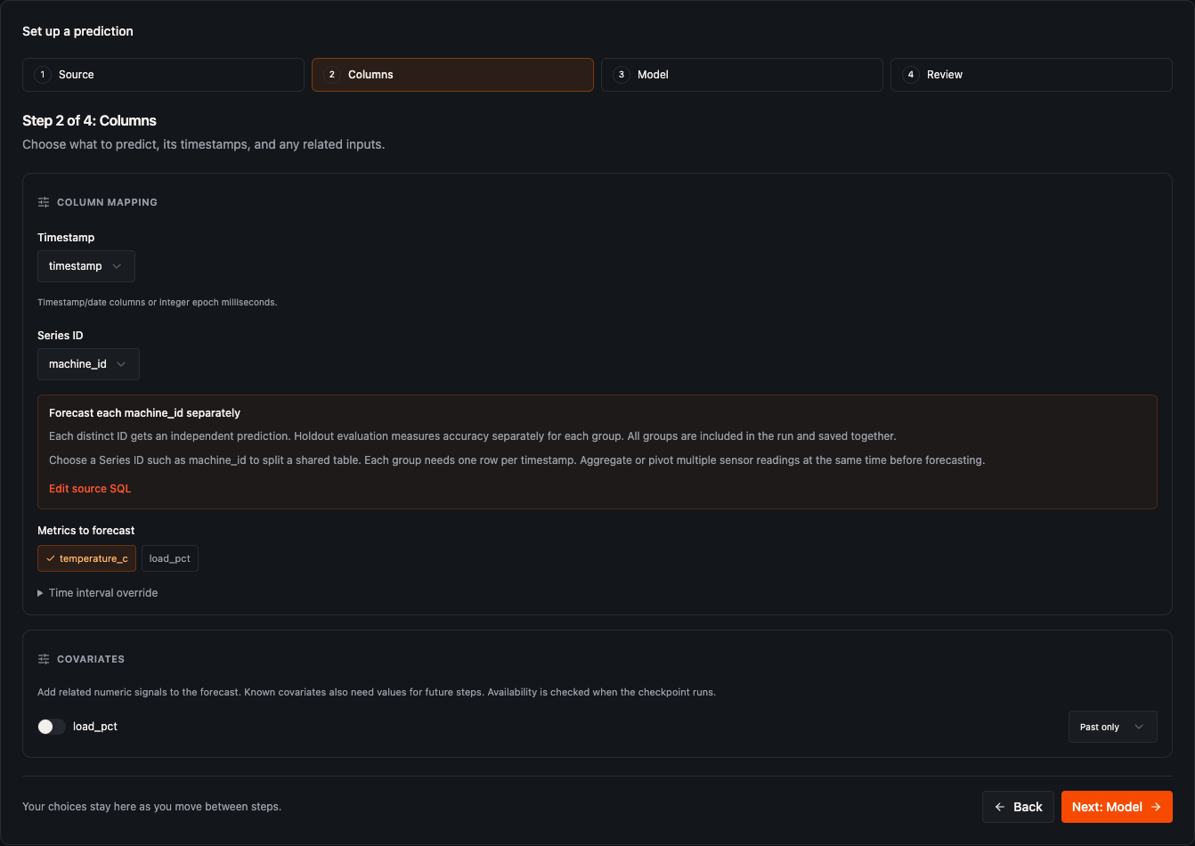 Data Studio column mapping for timestamps, numeric prediction targets and a series identifier.