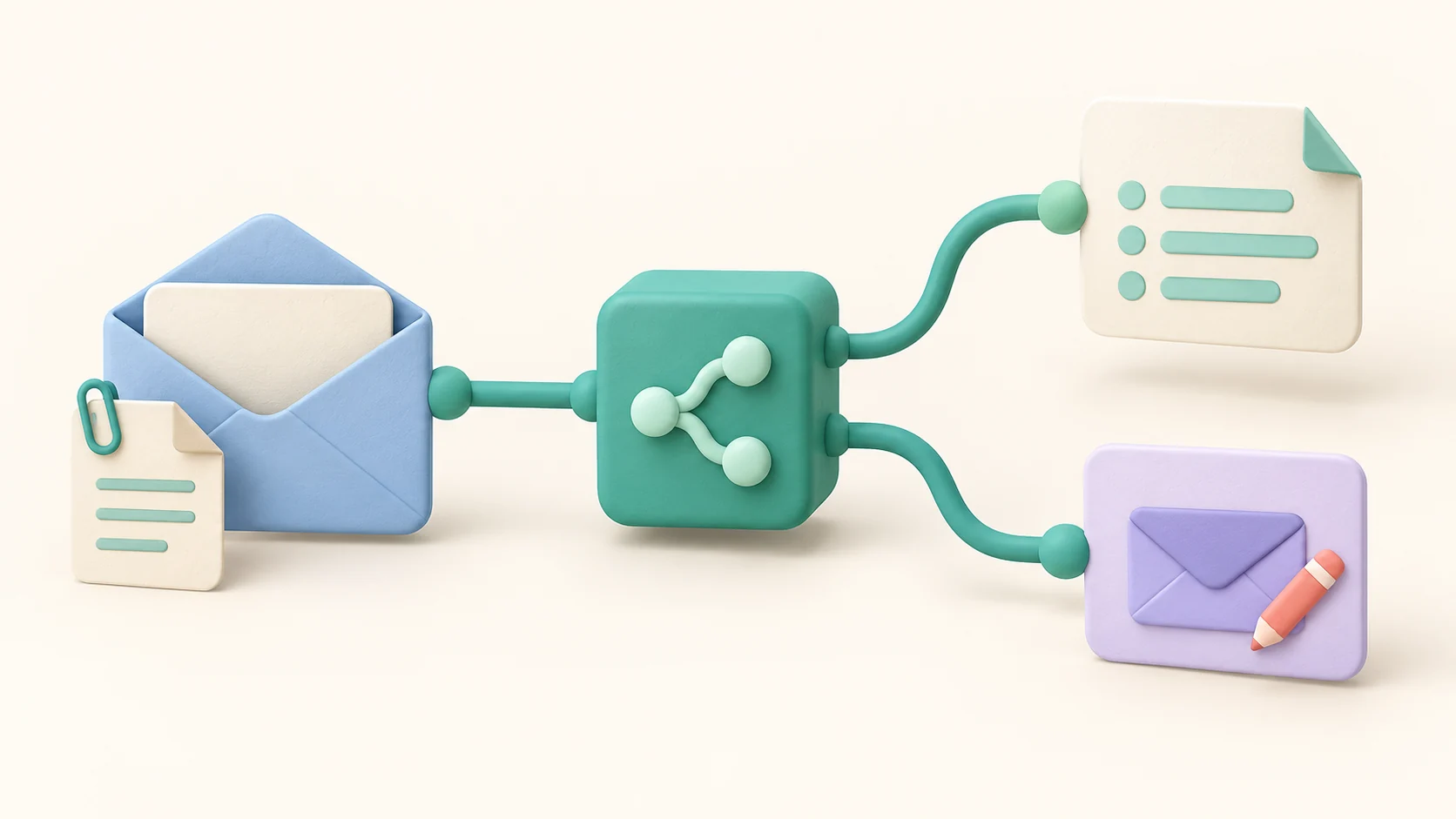 An email and attachment enter a branching workflow that produces a structured document and a draft reply.
