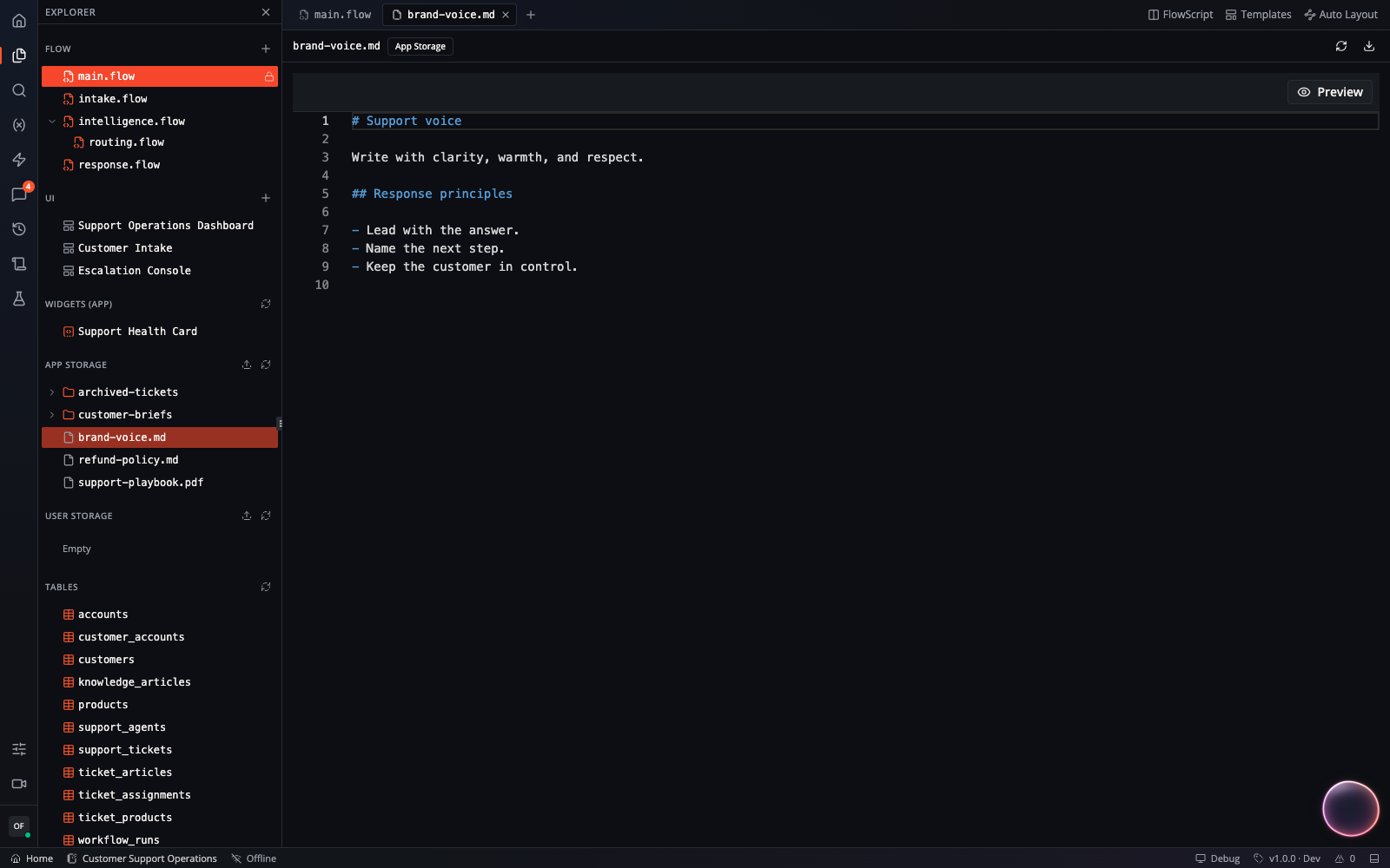 A Markdown file from App Storage open in a Flow editor tab while flow modules, UI pages, widgets, storage, and tables remain visible in the Explorer