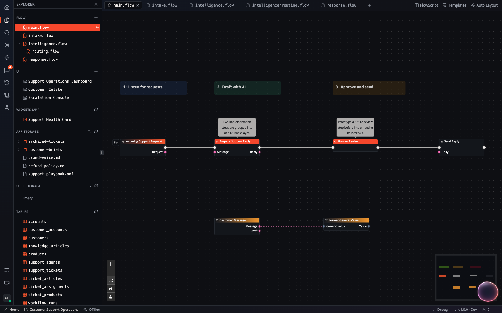 The redesigned Flow page with the Explorer open, nested flow modules in separate tabs, app pages, widgets, storage files, tables, and the main workflow canvas