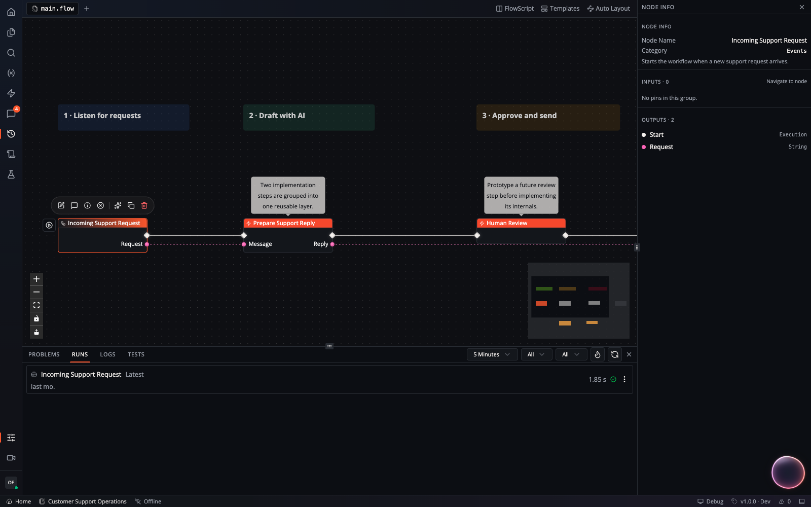 The Flow canvas with an event node selected, Node Info docked on the right, Run History open below, editor actions above, and status information along the bottom