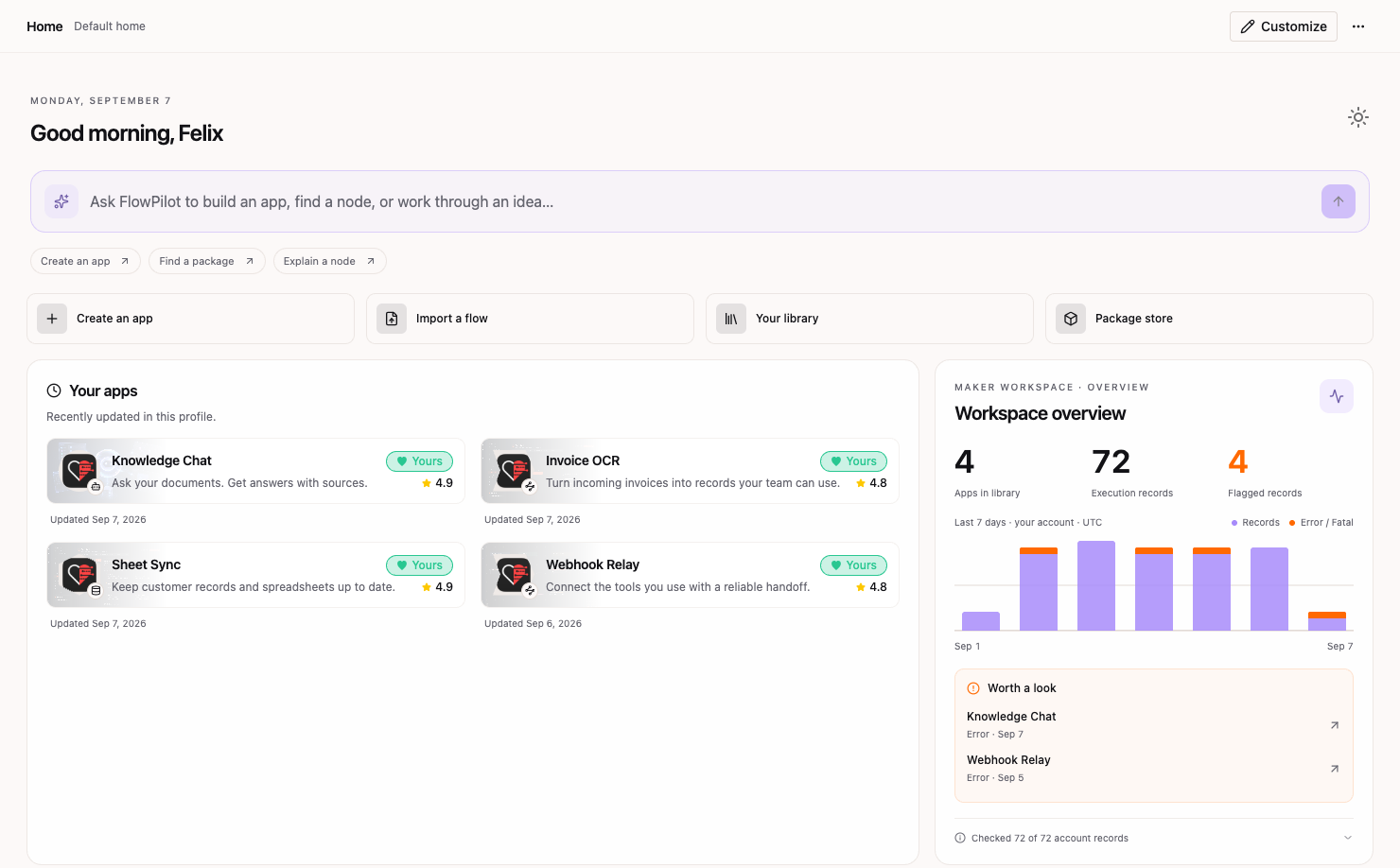 A light Flow-Like Home with a FlowPilot prompt, quick actions, recently updated apps, and workspace activity side by side